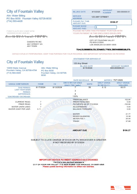 USA California City of Fountain Valley business utility bill template in Word and PDF formats
